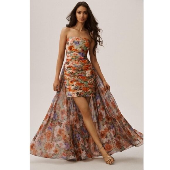 Anthropologie Geisha Designs Floral Strapless Removable Train Midi Dress